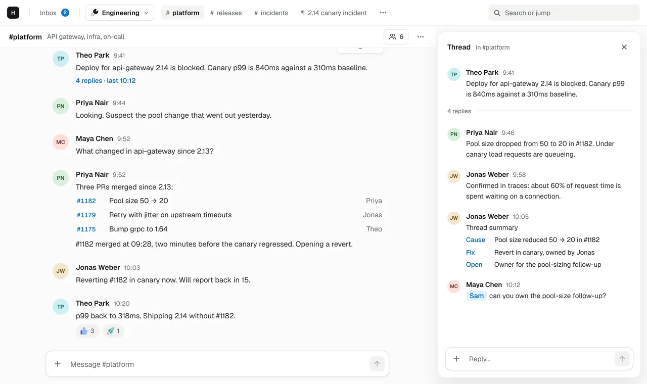 Hasarak's web app: the #platform channel about a blocked deploy, with its thread open on the right ending in a summary of cause, fix and open follow-up.